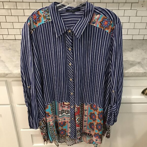 Calessa Shirt Womens 2XL Blue Stripe Boho Patchwork Button Front Roll Tab New - Picture 1 of 10